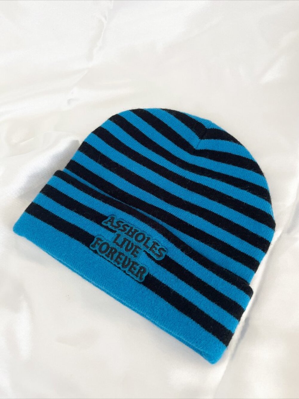 A**HOLES LIVE FOREVER Essential Patch Beanie Blue Black Stripe - Picture 3 of 8